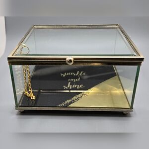Glass Footed Trinket Box Gold Tone Trim Beveled Top Edge 5.25" Sq 2.75" Tall
